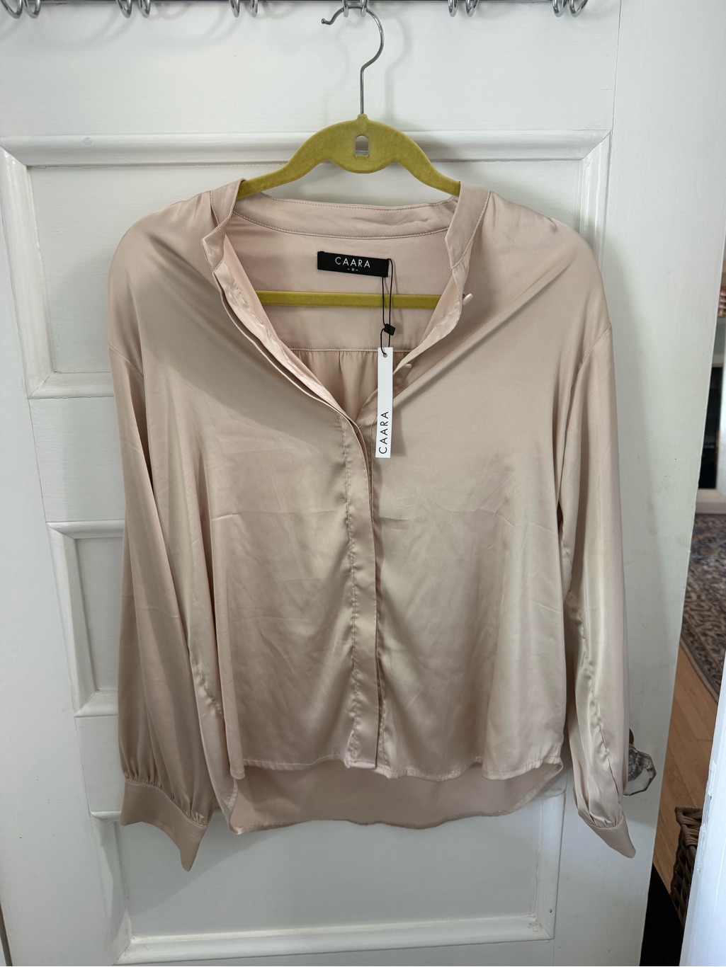 Caara SatinFeel Button Front Blouse In Soft Beige